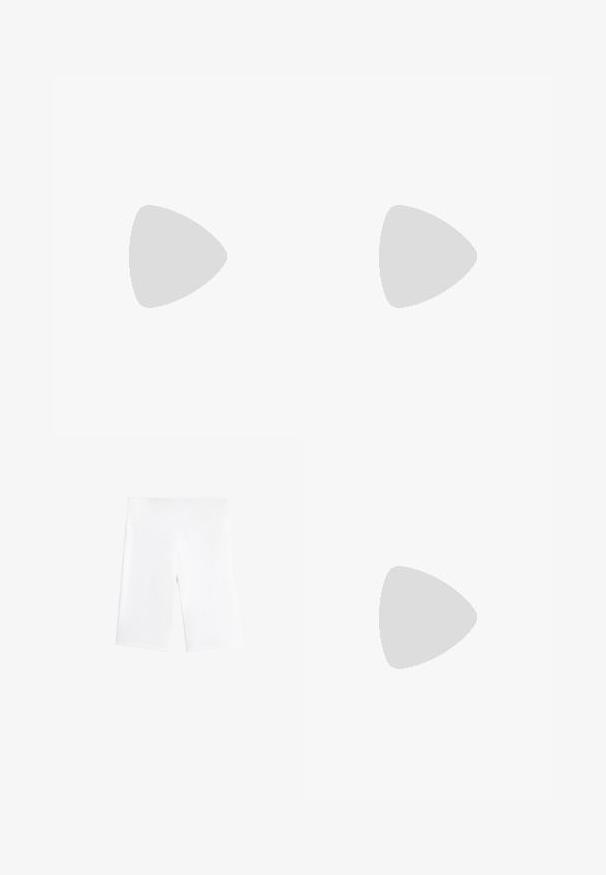 Mouwloos wit poloshirt met een kraag, vijf knopen en een gladde stof; heeft een subtiele logo-detail aan de zoom.; Witte fietsshorts van rekbaar materiaal, met een elastische tailleband en een glad, naadloos ontwerp. Midden boven de dijen lengte.; Witte hardloopschoen met een bovenwerk van mesh, lichtgewicht ontwerp, soepele afgeronde zool en zwarte rubberen outsole. Bevat platte veters en minimale accenten.; Zwarte sportzonnebril met grijze lenzen, een gebogen frameontwerp en logo-detail aan de zijkant. Gemaakt van lichtgewicht kunststof materiaal.