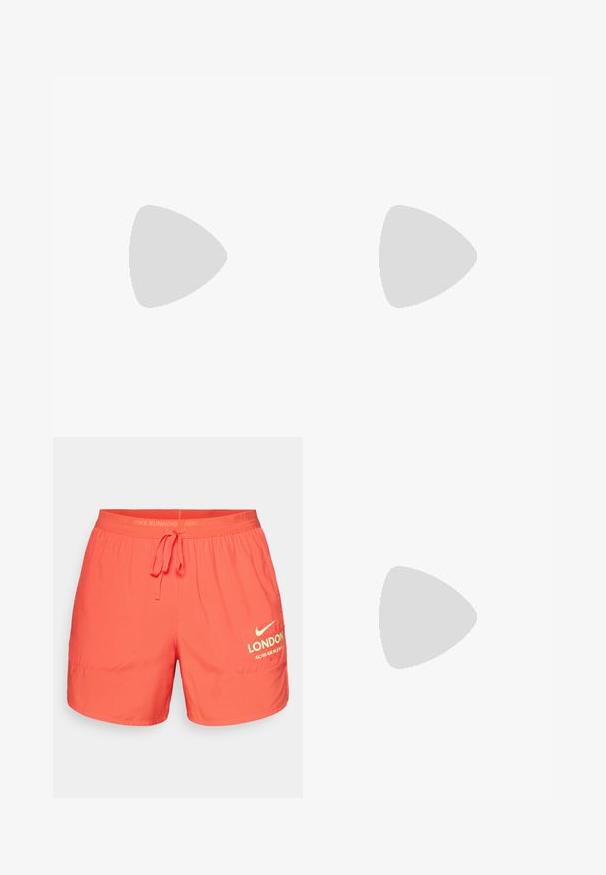 Trumpai rankovėmis Nike sportinė marškinėliai su purpuriniais, levandų, šviesiai rožiniais ir baltais horizontaliais spalvų blokais bei NikeCourt logotipu ant krūtinės.; Nike bėgimo šortai, ryškiai koralinės spalvos, lengvas medžiagas, elastinga juosmens juosta su raišteliu, turi užrašą "LONDON" ir maratono atstumo informaciją.; Juoda sportinė avalynė su tinklelio viršumi, sidabriniais akcentais, paminkštintu padu ir raištelių uždarymu. Pabrėžia apvalią nosį ir tekstūruotą padą.; Juodas sportinis krepšys su lygiu audiniu, dviem užtrauktukais užsegamais skyreliais, paminkštintomis rankenomis ir dideliu baltu Nike logotipu priekyje.