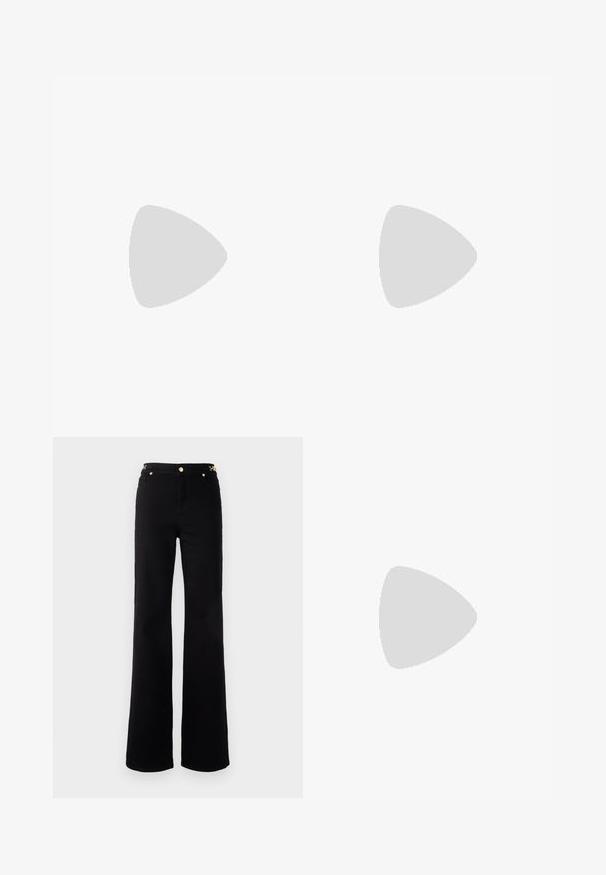 Black long-sleeve crop top made of soft fabric, featuring a round neckline and a slightly asymmetric hem with a subtle logo detail.; Black flared jeans with a smooth texture, featuring a gold-tone hardware detail at the waistband and classic five-pocket design.; Black leather ankle boot with a pointed toe, block heel, and a decorative gold buckle accent on the back. Smooth texture, minimal design.; Black leather handbag with a curved design, gold logo plate accent, and a slim shoulder strap. Smooth texture with a sleek finish.