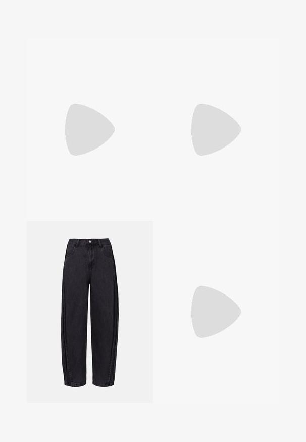 Mørk grå ermeløs topp, laget av myk stoff med rund hals, med en lett falmet tekstur og rett kant. Ingen mønstre eller accenter.; Sorte vide benbukser laget av denim med en jevn tekstur. Har høy midje, frontlommer og knappelukking i midjen.; Brune og blå rutete vide bukser sammen med hvite sko med svarte detaljer og teksturerte såler, satt mot en grønn bakgrunn.; Svart, glidelåslukket crossover-veske laget av glatt materiale, med en flat form, en enkel stropp og en liten logo-detalj. Minimalistisk design.