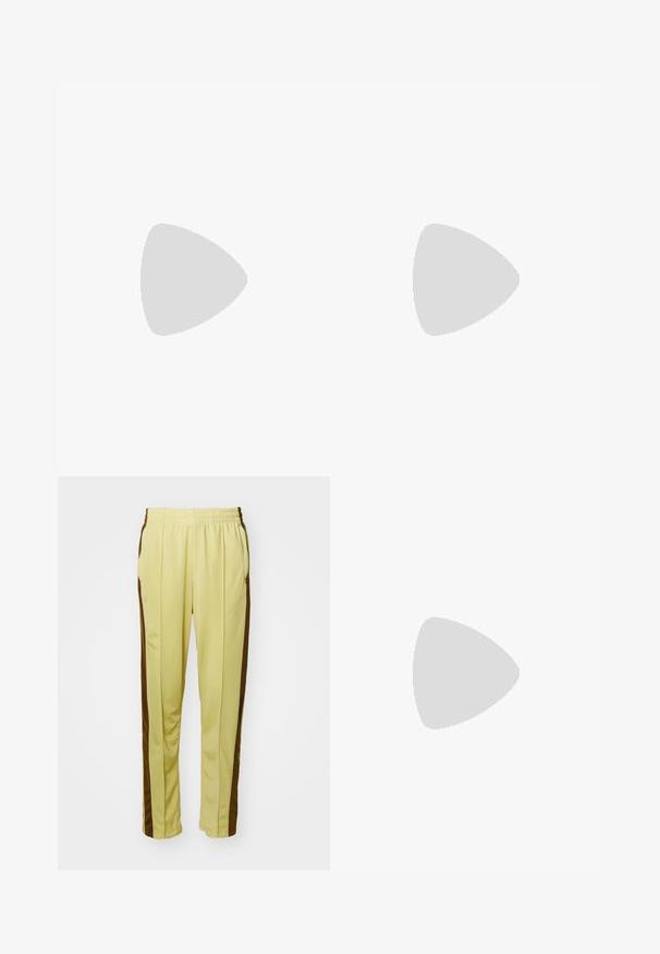 Yellow cotton t-shirt with a round neckline and short sleeves, featuring blue text logo "OBEY" in decorative font on the front.; Yellow athletic pants with a smooth fabric, featuring brown side stripes, an elastic waistband, and two side pockets.; Beige suede sneakers with green accents, featuring three stripes, a round toe, and a rubber gum sole. Minimalist design with lace-up closure.; Green-tinted sunglasses with a slim, rectangular frame and dark lenses; textured gray arms with branding. Smooth skin and a black shirt.