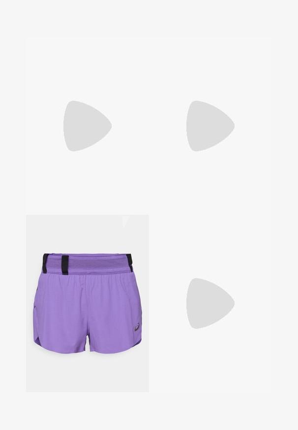 Fialový bezrukávový top s mandarínkovým límcem, vyrobený z prodyšné tkaniny. Obsahuje reflexní logo a texturované panely na ramenou.; ASICS METARUN SPLIT SHORT - Sportovní kraťasy - edo purple; Bílé sportovní boty s černými pruhy a logem, s vrchní částí z prodyšné síťoviny, zaoblenou špičkou a silnou krémovou podešví pro pohodlí.; Šedá oversized mikina s klokaní kapsou, spárovaná s námořnickou áčkovou sukní. Doplňky: velký světle žlutý batoh s hladkým povrchem.