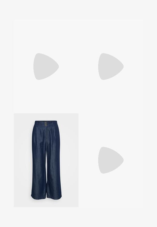 Hvid t-shirt med korte ærmer og små, farverige ananastryk. Har en rund halsudskæring og blødt, tekstureret stof.; Videbukser i mørk denim. Har to frontknapper, en plisseret design og en glat tekstur. Lige snit med en fuldlængde kant.; Hvide sneakers med grønne accenter og beige ruskinddetaljer. De har en rund tå, snørelukning og en holdbar gummisål.; Olivengrønne solbriller med en tynd guldramme og blå accenter på stellet. Oval linser og minimalistisk design.