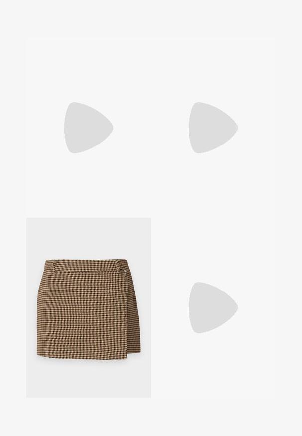 Pruun särk, millel on kraega kaelus, soonikuga mansetid ja äär. Omab nööpidega esist ja pehmet tekstuuri.; Pruun ja beež houndstooth-mustriga mini seelik, millel on kerge kätkene ja vöökohad, valgel taustal.; Tume burgundi värvi kuni põlveni ulatuv saabas, millel on krokodilli tekstuur ja plokk-konts, valgel taustal, kuvand külgvaates.; Pruun läikiv naha käekott, millel on ristkülikuline kuju, kaks pikka käepidet ja esipaneelil peened kõverad aktsendid.; Kuldtoon metall kõrvarõngad, millel on sile, ümar kolmnurkne kuju ja tagaküljel olev kinnitamine; peeglilaadne pinda, millel on minimaalne detailide hulk.