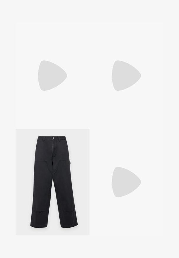 Black cotton t-shirt with short sleeves, ribbed neckline, and small white "OBEY" logo on the chest. Straight-cut hem with side slits.; Black wide-leg trousers in denim fabric with large front pockets, straight cut, and contrast stitching. Features a metal button closure.; White leather sneakers with perforated accents, three metallic stripes, and a textured side panel. Worn with white socks featuring blue stripes.; Black crossbody bag with a zippered main compartment, front pocket, adjustable strap, and a visible logo patch on the flap.
