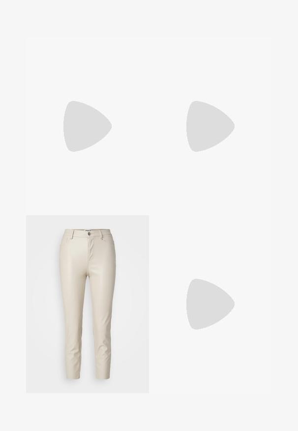 Light purple short-sleeve t-shirt with a round neckline, made from soft fabric, featuring a smooth texture and no visible patterns or accents.; Beige faux leather pants with a slim fit, front pockets, and a button closure, featuring smooth texture and tapered legs.; Black strappy sandal with a square toe and a low block heel. Features multiple thin straps and an adjustable ankle strap. Made of smooth leather.; Black leather crossbody bag featuring a smooth texture, rectangular shape, and a metallic chain detail on the front. Adjustable strap included.