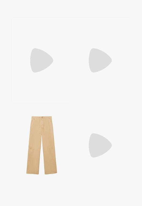 Beige tank top with adjustable spaghetti straps, v-neckline, gathered front detail, and a smooth texture. Fitted silhouette and straight hem.; Mango Trousers - sand; Black leather platform sandals with a square toe, open design, and ankle strap secured by a metal buckle. Chunky block heel.; Black leather shoulder bag with a smooth texture, curved shape, adjustable strap, and a zip closure. Minimalist design without embellishments.