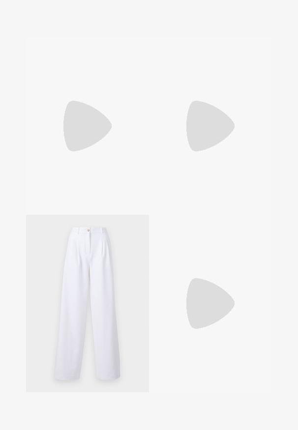 Black sleeveless top made of glossy leather with a high collar and back zipper. Features a smooth texture and fitted shape.; White, high-waisted, wide-leg trousers with pleats, button closure, and side pockets. Fabric appears smooth and lightweight.; Blue slingback heels with a pointed toe, featuring textured fabric with geometric patterns, a small heel, and a decorative buckle detail.; White textured pouch made from soft material, featuring a silver "G" emblem and gold chain accent for closure. Compact rectangular shape.