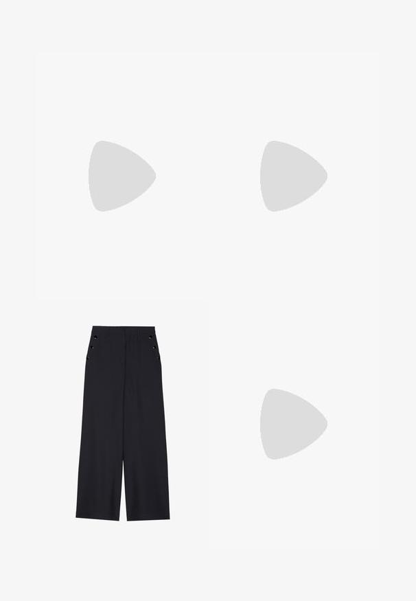 Long-sleeve top featuring a black and gray snake print; made of a textured, stretchy material with gathered detailing on the sides.; Wide-leg trousers in dark navy fabric, featuring a smooth texture, front pleats, and decorative gold-tone eyelets on the side pockets.; Silver high-heeled sandal with a shiny strap design, featuring a pearl-like accent and a spiraled ankle strap for secure fit.; Black leather handbag with a structured triangular shape, slim strap, and gold-tone hardware featuring a logo plaque on the front flap.