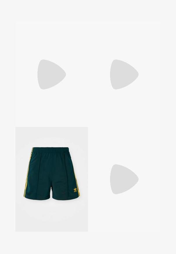 Top blu navy con tessuto solido, maniche corte in rete lavorata a maglia, caratterizzato da una vestibilità ampia e scollatura rotonda.; Shorts sportivi verde scuro con cintura elastica, caratterizzati da strisce laterali gialle e un logo giallo ricamato sulla parte bassa della gamba.; Sneaker marrone e bordeaux realizzato in materiali scamosciati e in rete, caratterizzato da tre strisce color crema, tessuto testurizzato sulla linguetta e suola in gomma.; Occhiali da sole marroni con una montatura geometrica, caratterizzati da lenti marroni intense e sottili accenti in metallo sulle aste, su uno sfondo neutro.; Borsa hobo in pelle nera con design morbido, ampia tracolla e texture liscia. Presenta una chiusura con zip laterale.