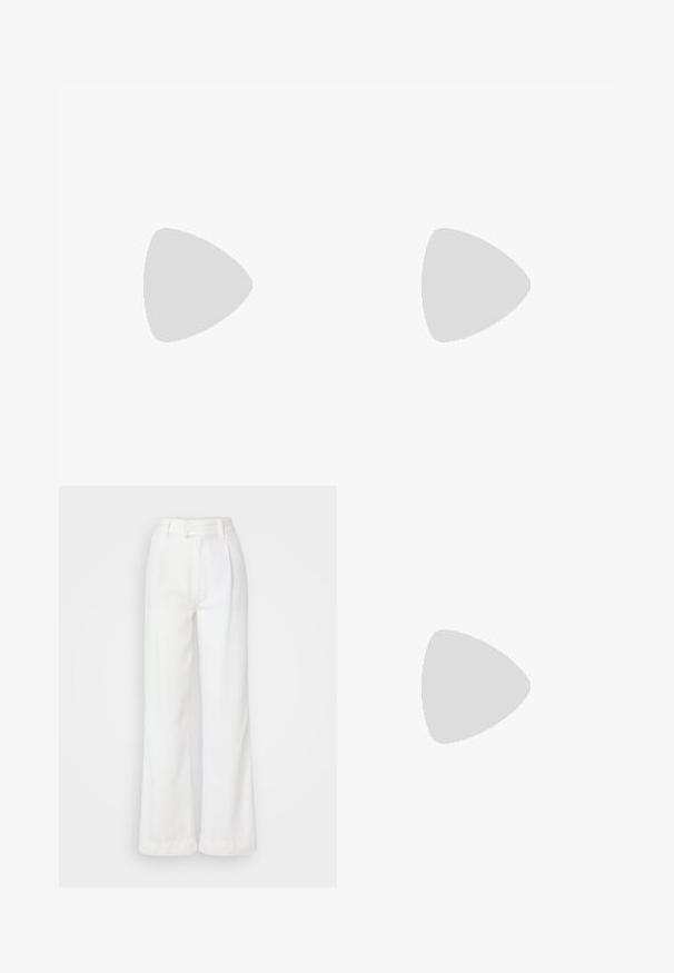 Long-sleeve top in dark navy blue, made of lightweight, slightly textured fabric with a round neck and fitted shape.; White, wide-leg trousers made from textured fabric. Features a high waist, pleats at the front, and a clean finish at the hems.; Black patent leather slingback pump with a pointed toe, small heel, and a cutout design on the vamp. Gold-tone hardware accent on the side.; Light blue handbag with a structured shape, smooth leather material, two handles, and a triangular brand logo on the front. Zippered closure.