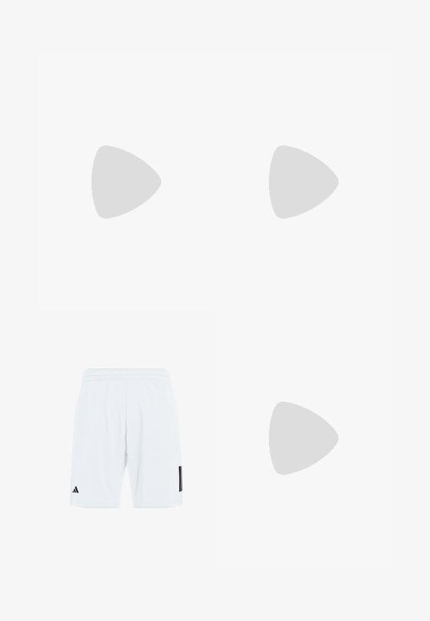 Light-colored short-sleeve t-shirt made from soft material, featuring a round neckline and a small logo on the left chest area.; White sports shorts with an elastic waistband, featuring a black Adidas logo and three vertical black stripes on the left side.; Black athletic shoe with white stripes, teal green accents, and a gradient blue-to-green sole. Lightweight design with textured upper.; White sunglasses with brown lenses, oval shape, made of smooth plastic, featuring gray accents on the arms and a logo on the frame.