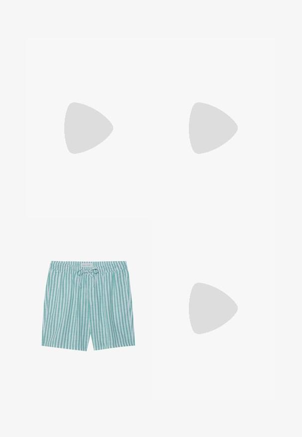 Turkizna kratka športna majica s kratkimi rokavi in okroglim izrezom, z manjšim logotipom FILA na levi strani prsnega koša, prikazana na beli ozadju.; PASI STRIPED kratke hlače za plavanje v svetlo zeleni in beli barvi. Imajo elastičen pas, zapiranje na vrvico in stranske žepe. Narejene so iz lahkega blaga.; Bež športni copat z sivim mrežastim in semiš podrobnostmi, belimi akcenti, črnim podplatom, rdečim blagovnim znakom in edinstvenim križastim vzorcem na zgornjem delu.; Črna torba za sporočila iz gladkega materiala, z zložljivim pokrovom, srebrno sponko in nastavljivim naramnim trakom.