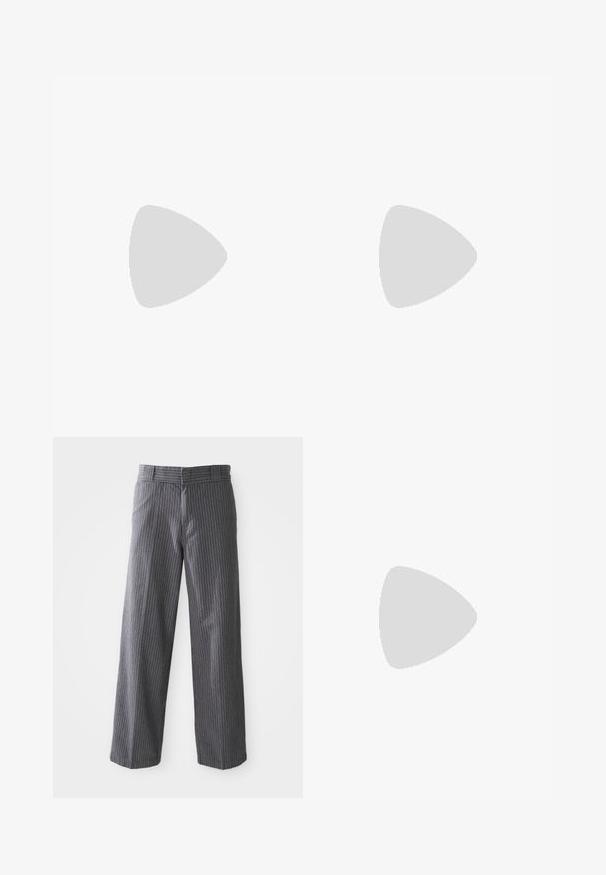 Blue cotton t-shirt with short sleeves, crew neckline, and small white logo on the left chest. Smooth texture, standard fit.; Gray pinstripe wide-leg trousers with belt loops, flat front, and straight hems, shown against a white background.; Red suede sneaker with white three-stripe design and gold "Gazelle" text. Features a rubber gum sole and textured heel.; Red bandana scarf made of cotton, featuring white paisley and dot patterns, with a triangular shape and a tag in the lower corner.