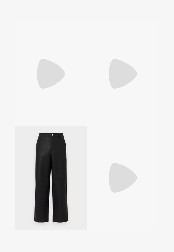 Vaalean kermanvärinen puuvillapaidat, joissa on pyöreä kaula-aukko ja lyhyet hihat. Suora pinta, yksinkertainen muotoilu ja rento istuvuus. Ei kuvioita tai koristeita.; Mustat tekonahkaiset leveät housut, joissa on hienovarainen teksturointi. Varustettu etutaskuilla ja sileällä vyötärönauhalla, jossa on nappikiinnitys.; Ruske nahkasaapad, joissa on kiiltävä pinta, musta kumipohja ja hienovarainen ompelu. Yhdistetty raitapolkkaisiin ruskeisiin housuihin.; Mustakankainen huivi, joka on valmistettu pehmeästä kankaasta. Huivissa on pitkät hapsut päissä ja pieni brändilogo toisella puolella.