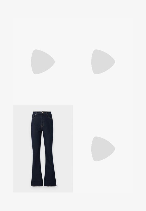 Light blue cotton t-shirt, short sleeves, crew neck, fitted design, smooth texture, minimal stitching, no visible patterns or graphics.; Dark blue denim flared jeans with a high waist, featuring golden stitching, front pockets, and a metal button closure.; Light blue cotton t-shirt with short puff sleeves, paired with high-waisted denim jeans. The model holds a small pink handbag with a chain strap.; Snake-print handbag with a curved handle. Made from textured, beige and brown materials, featuring a distinctive diamond pattern.