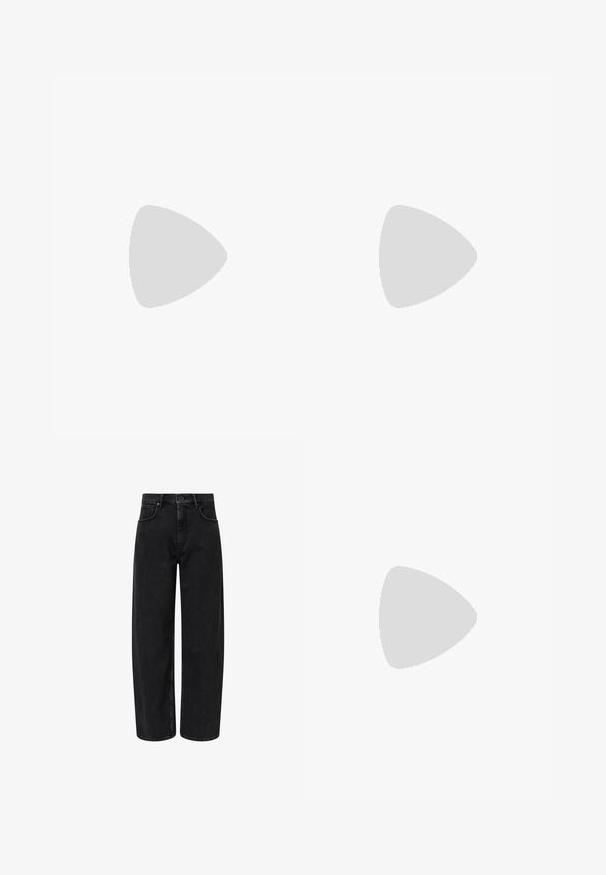 Black turtleneck top made from a lightweight, stretchy material. Features long sleeves and a fitted silhouette without visible seams.; Black wide-leg jeans made of denim, featuring a high waist, front pockets, and a clean design with minimal stitching details.; Black leather high heel shoe with a pointed toe, smooth texture, and a tapered heel. Minimalist design, no additional embellishments.; Black leather shoulder bag with a soft texture, triangular shape, and adjustable strap, paired with a light blue striped shirt and white pants.