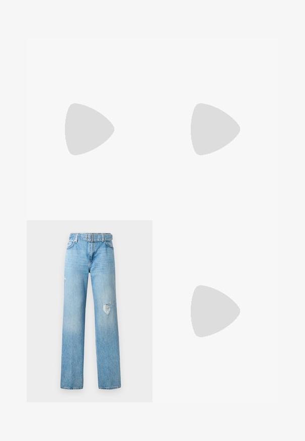 Valge pika varrukaga kõrge kaelusega top, mis on valmistatud tekstuuriga sädelevast kangast. Omab kitsast lõiget ja kõrget kaelust.; Heledad sinine denim püksid laia säärega, millel on kulunud detailid põlvedes ja klassikaline viie tasku disain koos vöödega.; Mustad mustad kõrged kontsad, terava toe ja siledast nahast. Omab laia pahkluu rihma ruudukujulise hõbedase klambri ja nurgakujuliste naeltega.; Mustmustreen mustriba kott, valmistatud sünteetilisest materjalist, kuldsete detailidega. Kotel on lukuga ja esiküljel logodekoratsioon.