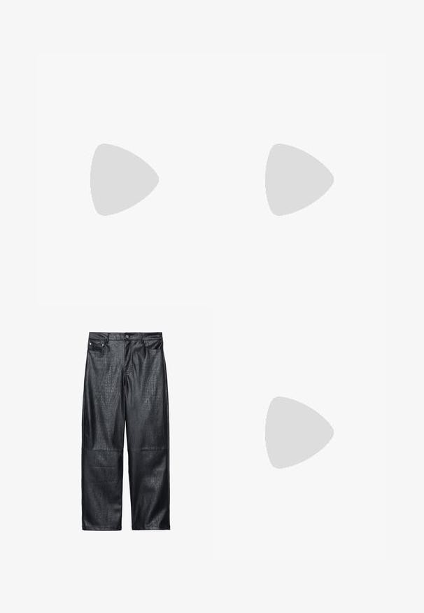 White cotton t-shirt with short sleeves, featuring a sun graphic in black on the left chest area, and "NAVIGATE THE COSMOS" text beneath.; Black faux leather wide-leg pants featuring a crocodile texture, traditional five-pocket design, and silver-tone button and rivet details.; Black leather loafer-style shoes with a flat, textured sole, featuring a stitched toe and a strap across the instep.; Black oval sunglasses with thin black arms and gray lenses, paired with silver oval sunglasses featuring thin silver arms and gray lenses.