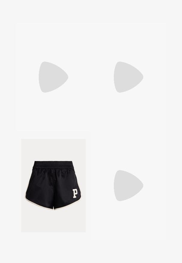 Valge T-särk, millel on tume sinised horisontaalsed triibud, ümmargune kaelus, lühikesed varrukad ja esiküljel on kiri "Tommy Hilfiger" kalligraafiliselt brodeeritud.; Mustalased spordilühikesed püksid elastse vöökohaga, kreemjast värvi külgtriibud ja valge "P" logo alumises vasakus nurgas. Sile kangas, mugav lõige.; Valged nahast tossud, madala ülaservaga disain, millel on sile tekstuur, ümar varvas, nööridega esiosa ja väike tikand logoga küljel.; Must mustast mustakoti, millel on kuldne riistvara ja millel on lukuga sulgemine. Kanda üle keha halli kampsuni peal.; Kuldse tooni sõlm kõrvarõngad, millel on keeratud disain. Igal kõrvarõngal on ringikujuline läbipaistev tagaosa, mis tagab kindla kandmise.