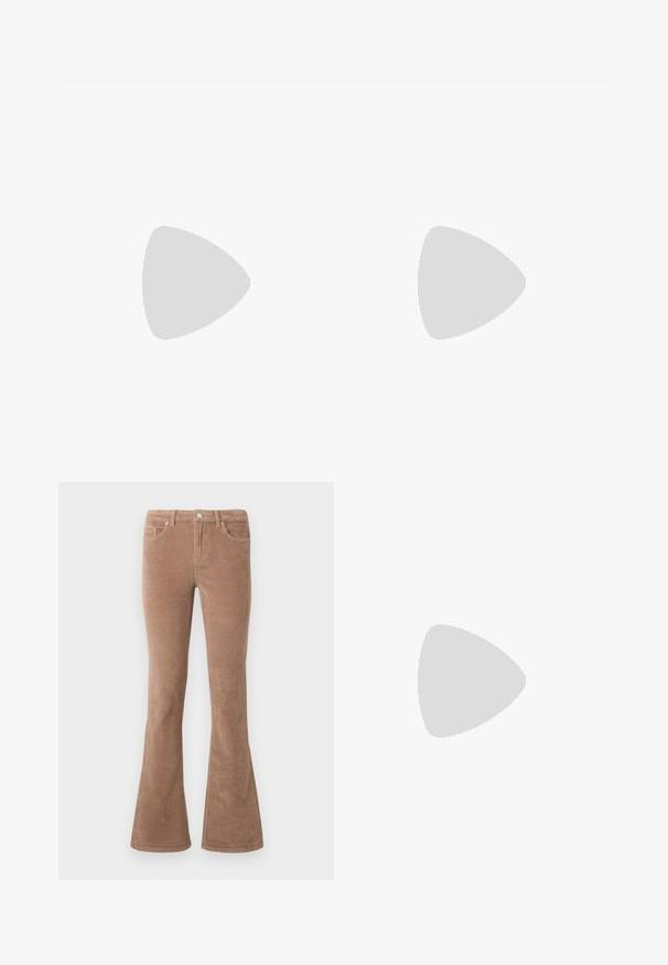 Brown ribbed long-sleeve polo shirt featuring a collar and three-button placket. The fabric has a textured finish.; Brown corduroy flared pants with a textured surface, featuring five pockets, button closure, and belt loops.; Black leather slingback shoe with a pointed toe and a slim, curved heel. Features a discrete adjustable strap with a metal buckle.; Brown leather handbag with two sturdy handles, rectangular shape, smooth texture, and zip closure. Minimalist design with no visible patterns.