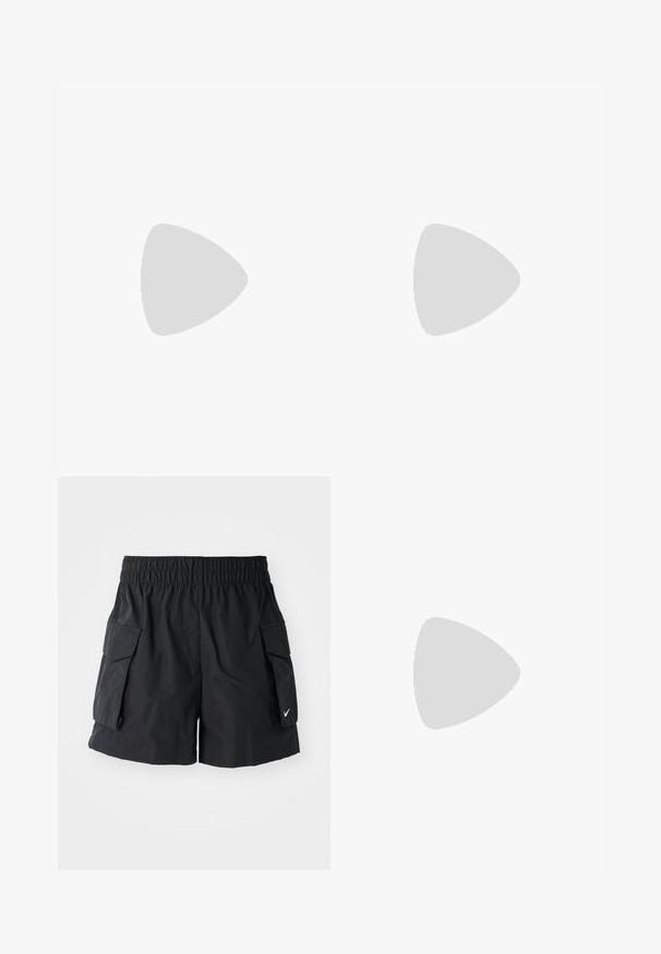 Haut asymétrique à une épaule en tissu vert clair, design ajusté avec une texture lisse, sans embellissements ni motifs.; Shorts cargo noirs en tissu léger, dotés d'une taille élastique, de deux poches latérales et d'un petit logo blanc sur l'ourlet.; Baskets noires en cuir et synthétique avec le swoosh blanc de Nike, semelle en caoutchouc, bout rond et lacets noirs. Chaussettes blanches côtelées visibles.; Une paire de lunettes de soleil rectangulaires avec des montures translucides bleu clair et des verres gris foncé, présentant des branches droites et des détails matériels minimaux.