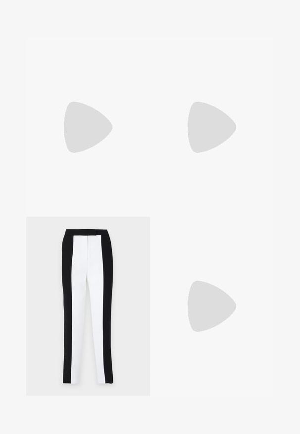 AllSaints ANNA SNAKE TEE - Print T-shirt - black; Black and white tapered trousers featuring a slim fit with contrasting panels. Fabric has a smooth texture; waistband is flat and fitted.; Black leather slingback heels with a pointed toe, slender heel, and decorative buckle detail on the vamp. Smooth texture and sleek design.; Black sunglasses with angular, cat-eye design. Silver mirrored lenses. Slim, lightweight plastic frames with subtle branding on the temples.; Beige leather handbag with a structured, triangular shape, featuring a silver chain handle and a cursive logo in metal.