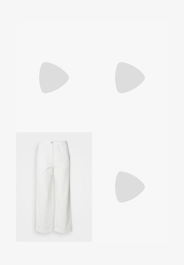 Mint green short-sleeve t-shirt made of soft fabric. Features a round neckline and a relaxed fit with straight cut hem.; White wide-leg trousers made of textured fabric, featuring a front button closure and two side pockets, with a clean, simple design.; Beige pointed-toe slingback shoe with black trim, gold buckle, and a chunky block heel on gray floor with dark green background.; Brown suede handbag with a gathered design, featuring a single tan leather strap and a subtle gold logo detail on the front.