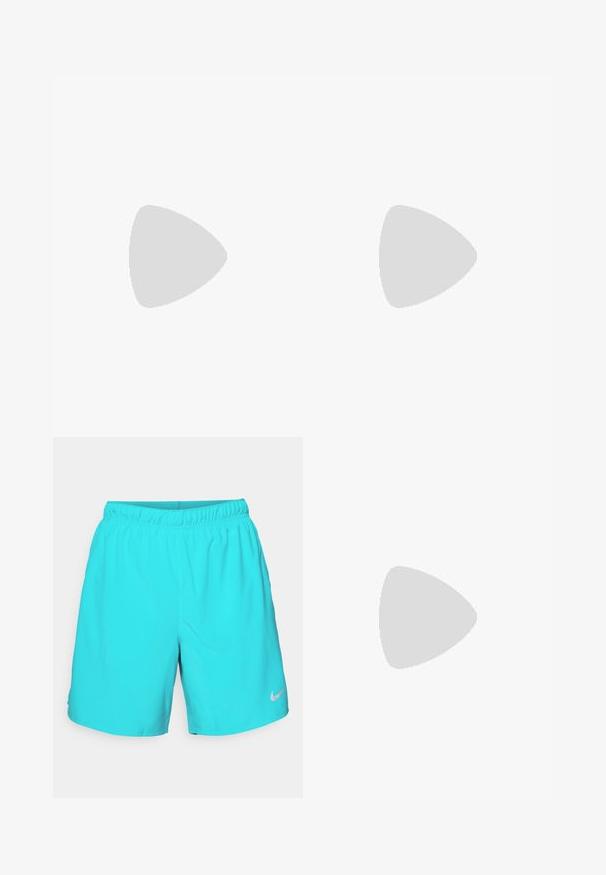 Bela brezrokavnica za tek Nike z okroglim izrezom, gladko teksturo in črnim Nike logotipom na zgornji levi strani prsnega koša.; Turkizne Nike šortse z elastičnim pasom, gladko teksturo in majhnim srebrnim logotipom na spodnjem desnem delu noge.; Bela atletska copata z mrežasto zgornjo plastjo, gladkimi teksturiranimi dodatki, sivi poudarki, vezalkami in blaženim podplatom, zasnovana za zmogljivost.; Sončne očala z belim okvirjem, sivi detajli in modrimi zrcalnimi lečami. Športna zasnova, ovitek oblike in nastavljivi nosni blazinici.