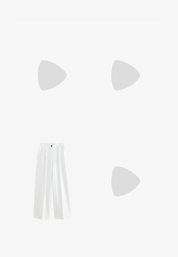 Schwarzes ärmelloses Top mit geripptem Textur; verfügt über einen weißen Zickzackbesatz am Ausschnitt und an den Armlöchern; figurbetonter Schnitt.; Weiße weit geschnittene Hose aus leichtem Stoff. Mit einem Knopfverschluss, zwei Seitentaschen und einem lockeren Sitz.; Weiße Spitzenanpassungsschuh mit niedrigem, klobigem Absatz und spitzem Zehendesign. Glattes Innenfutter, strukturierter Spitzenoberteil und Schnallendetail.; Schwarze Sonnenbrille mit einem schlanken rechteckigen Rahmen und einem goldenen Logo-Akzent an der Seite. Dunkle Gläser und glänzende Oberfläche sind auffällig.