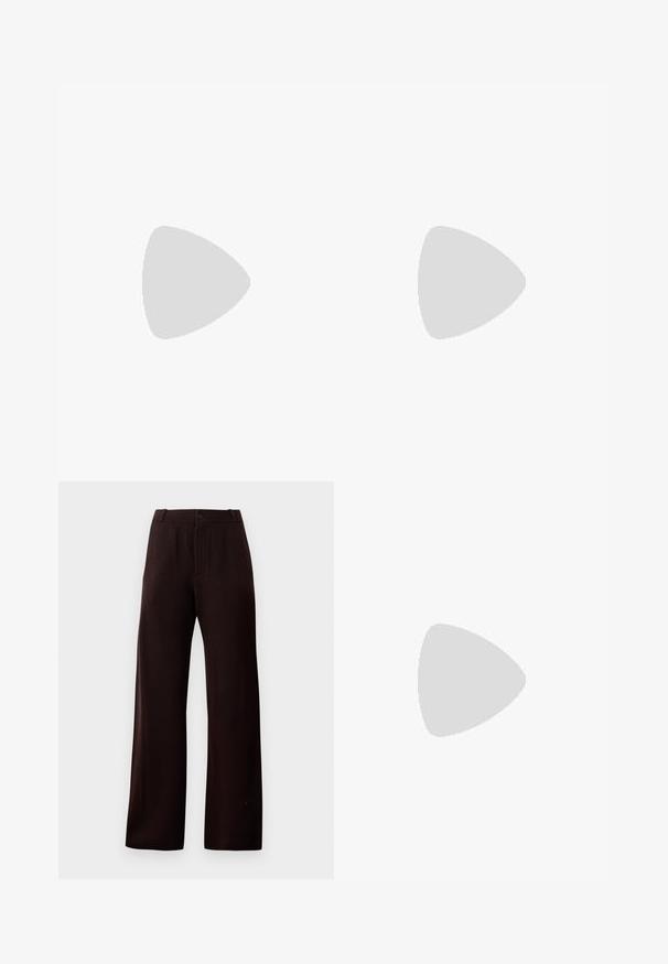 White cotton t-shirt, short sleeves, crew neck, smooth texture, straight cut, tags visible inside the collar, no graphic designs or embellishments.; Dark brown wide-leg trousers with zipper fly, button closure, and belt loops, displayed on plain background.; Brown patent leather slingback shoe with a pointed toe and a moderate heel. Features a buckle strap for secure fit. Smooth texture.; Brown leather tote bag with a smooth texture, open top design, and two shoulder straps. Features minimal stitching and no visible hardware.