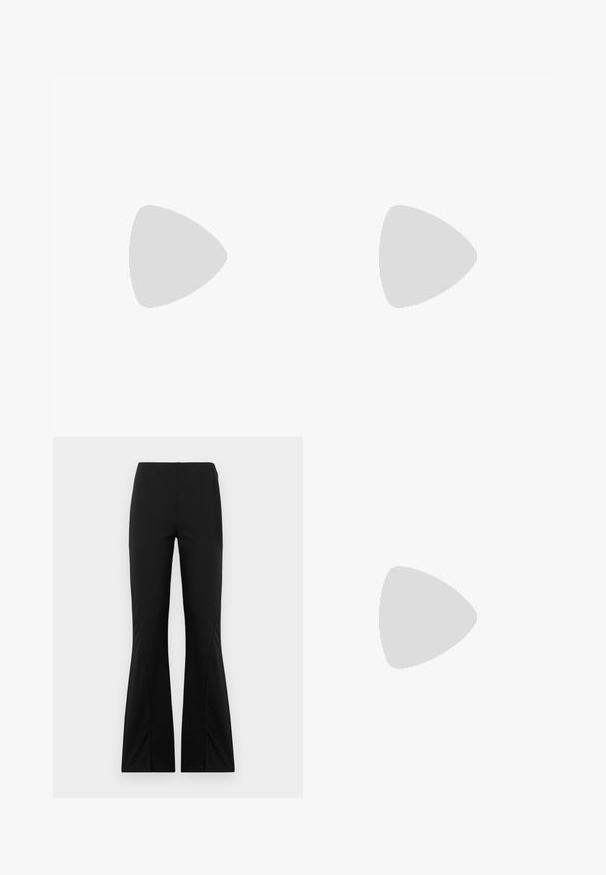 Top sem mangas verde claro feito de material suave, com detalhe frontal torcido e um design ajustado. Textura lisa, decote arredondado.; Calças pretas largas feitas de tecido elástico, com uma textura suave, ajuste feito à medida e um design de bainha dividida.; Sapatilha de couro branca com biqueira perfurada, sola texturizada e atacadores brancos, combinada com calças largas vermelhas e um fundo azul e amarelo.; Bolsa de couro preta com forma curva, alça destacável e detalhes em dourado. A bolsa possui uma aba com detalhe de fivela.