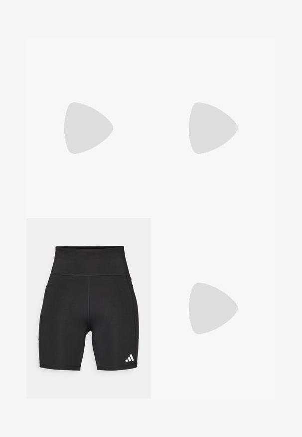 White sports crop top made of smooth fabric, featuring a round neckline and a black logo accent on the left side.; Black athletic shorts made of stretchy fabric. High waistband, mid-thigh length, with white three-stripe logo on the lower left side.; Running shoe with a lightweight cream upper, blue branding, and orange accents on the sole. Mesh texture for breathability.; Black sunglasses with a matte finish, rectangular lenses, slight curve on temples, subtle logo detail, and smoke-tinted lenses.