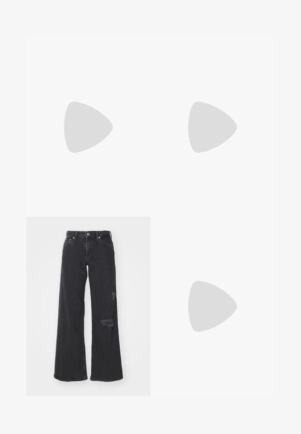 Long-sleeve, cropped top in dark gray ribbed fabric with a round neckline and a small logo patch at the hem. Smooth texture, fitted design.; Wide-leg black denim jeans with distressed detailing on lower right leg. Features a classic button closure and five-pocket design.; White leather sneakers with a thick white sole, black suede heel accent, and embossed logo on the side. Laced design with six eyelets.; Silver hoop earrings with a smooth, shiny finish. Rounded shape, lightweight design, featuring a post-back closure.