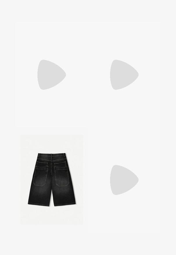 Grünes T-Shirt mit kurzen Ärmeln, das mit horizontalen Streifen in Weiß, Gelb und Schwarz gestaltet ist. Hergestellt aus bequemem Stoff mit klassischem Rundhalsausschnitt.; Schwarze Denim-Shorts mit geradem Schnitt, ausgestattet mit zwei Gesäßtaschen und sichtbaren Nähten. Der Stoff hat eine leichte Struktur und eine ausgeblichene Optik.; Schwarze Leder-Schnürstiefeletten mit einer dicken, strukturierten Gummisohle und gelben Steppnähten um die Plattform.; Set aus drei Bandanas in Schwarz, Weiß und Marineblau, die komplexe Paisley- und geometrische Muster mit kontrastierenden weißen Details aufweisen.