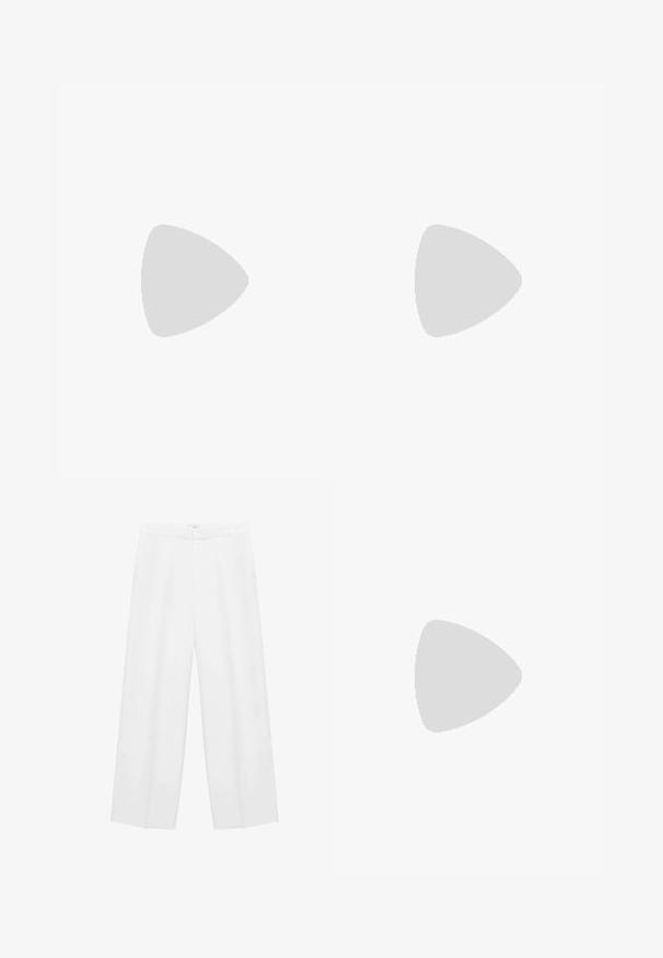 Weißes trägerloses Oberteil aus glattem, elastischem Stoff. Mit einem taillierten Oberteil, einer Naht unter der Brust und geradem Saum. Minimalistisches Design.; Weite weiße Hosen mit glatter Textur, ausgestattet mit einem hohen Bund und zwei Seitentaschen. Einfaches Design ohne sichtbare Muster.; Desa Pantolette hoch - brown; Kapten & Son MILAN - Sonnenbrille - crystal tortoise brown