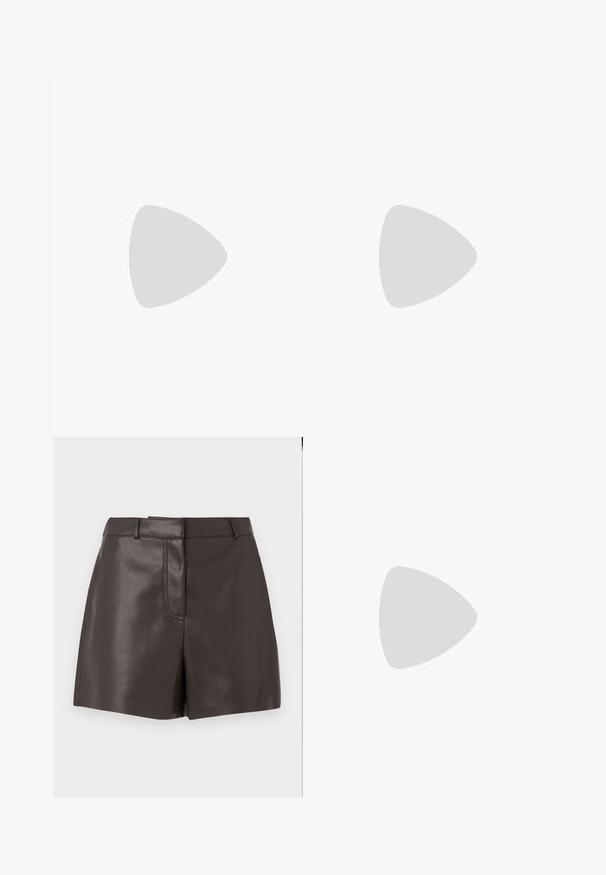 Tricou din bumbac maro, cu mâneci scurte și gât rotund. Prezintă un design ajustat și detalii minime de coasere. Eticheta este vizibilă în interiorul gâtului.; Șorturi din piele maro, cu o textură netedă, având o cusătură pe față, bucle pentru curea și două buzunare laterale. Conceput pentru o siluetă ajustată.; Zign Cizme - black; Ochelari de soare negri, unghiulari, cu lentile gri; fabricați din plastic, având brațe groase cu o suprafață netedă și fără hardware vizibil.; Geantă de mână din piele maro, cu două mânere rezistente, formă rectangulară, textură netedă și închidere cu fermoar. Design minimalist, fără modele vizibile.