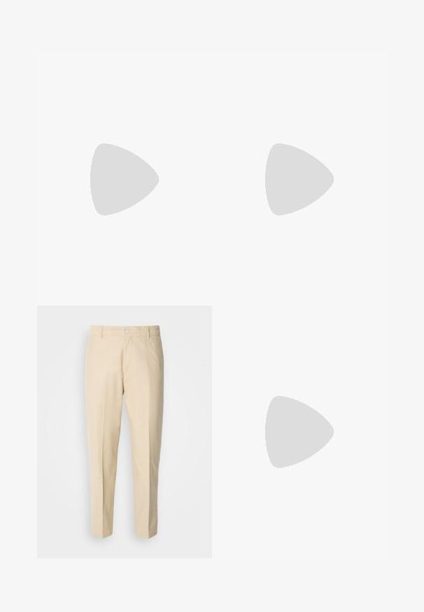 Smeđi longsleeve polo majica od mekog materijala s oštrim ovratnikom, dvobutonastim otvorom i izvezenim logom na lijevoj strani prsnog koša.; Svijetlo bež chino hlače sa ravnim nogavicama, tkanina je glatka, s prednjim zatvaranjem na gumb i dva bočna džepa.; Tenisice s bijelim mrežastim gornjištem, bež nubuk akcentima i detaljem na peti od crvene kože. Gumeni potplat s teksturiranim uzorcima za bolji grip.; Crne i zlatne sunčane naočale s kvadratnim oblikom, metalnim okvirom, tamnosivim lećama i crnim vrhovima okvira. Imaju dizajn s dvostrukim mostom.