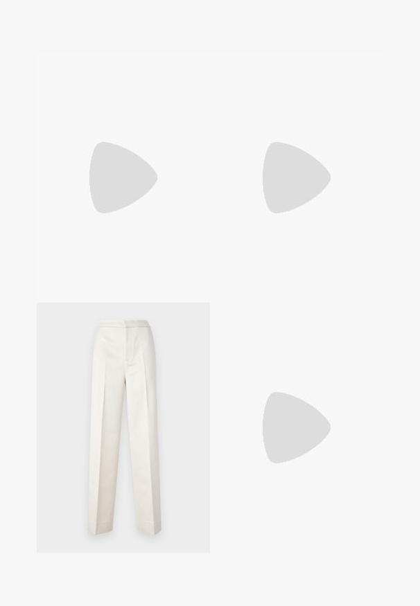 Long-sleeve shirt in bright pink, made of soft, textured fabric. Features a wide neckline and a relaxed fit with a straight hem.; Cream-colored trousers with a tailored fit, featuring a straight leg, smooth fabric, front pleats, and clean hem. Minimalist design.; White sneaker with a smooth synthetic upper, perforated toe box, flat laces, and a textured sole, displayed on a wooden surface.; Brown suede tote bag with a soft texture, featuring a single shoulder strap and a subtle curved top opening. No visible hardware details.