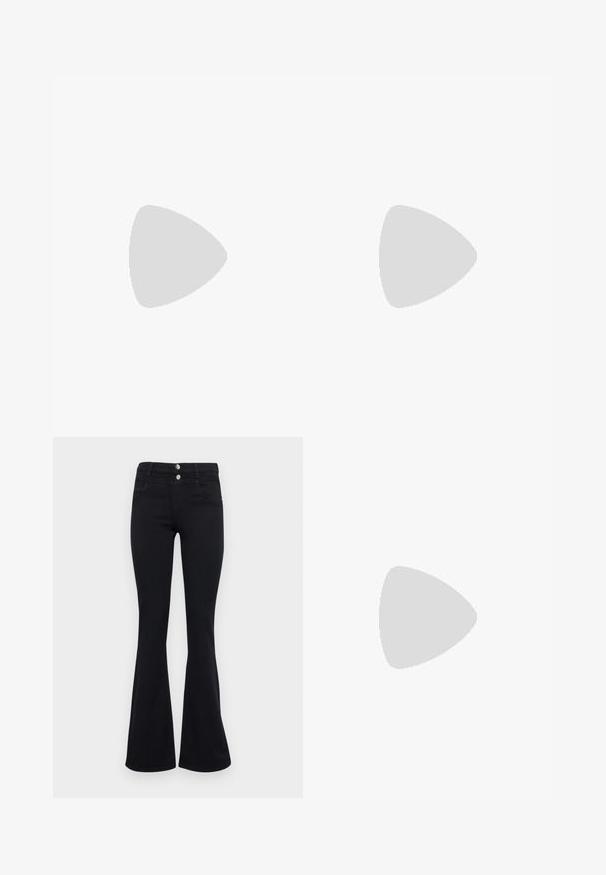 White ribbed tank top with a scoop neckline, featuring a front button closure. Fabric is soft with a smooth texture. Brand label: GAP. Size: S.; ONLY ONLRAIN FLARED  - Flared Jeans - washed black; Black platform sandals with chunky, lug soles and multiple straps, featuring metal buckles and a smooth leather-like texture.; Black leather handbag with a curved shape, detachable strap, and gold hardware. The bag features a flap with a buckle detail.