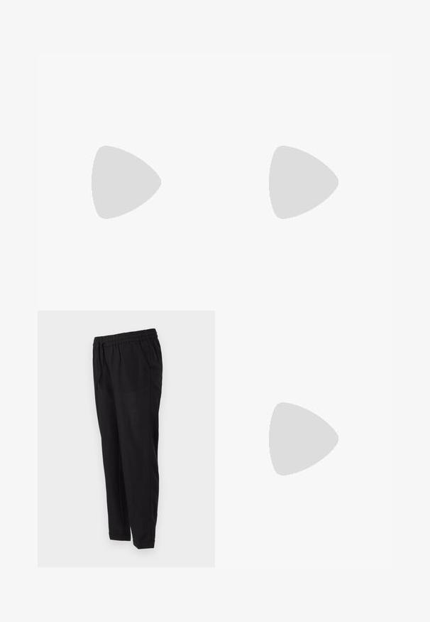 Valge puuvillane t-särk, millel on mugav lõike, vasakus rinnas on väike beeži ja roosa päikese graafika. Lühikesed varrukad.; Mustad püksid elastse vöökoha, küljetaskute, kitsenevate jalgade ja rullitud sääreotstega. Valmistatud siledast, kergest kangast.; Valged sneakerd, millel on sile sünteetiline ülemine osa, väikeste aukudega varvaskast, lamedad paelad ja tekstuuriga tald, eksponeeritud puidust pinnal.; Pruun nubukist kott pehme tekstuuriga, millel on üks õlavarre rihm ja peene kumer ülemine ava. Nähtavaid metallosi pole.