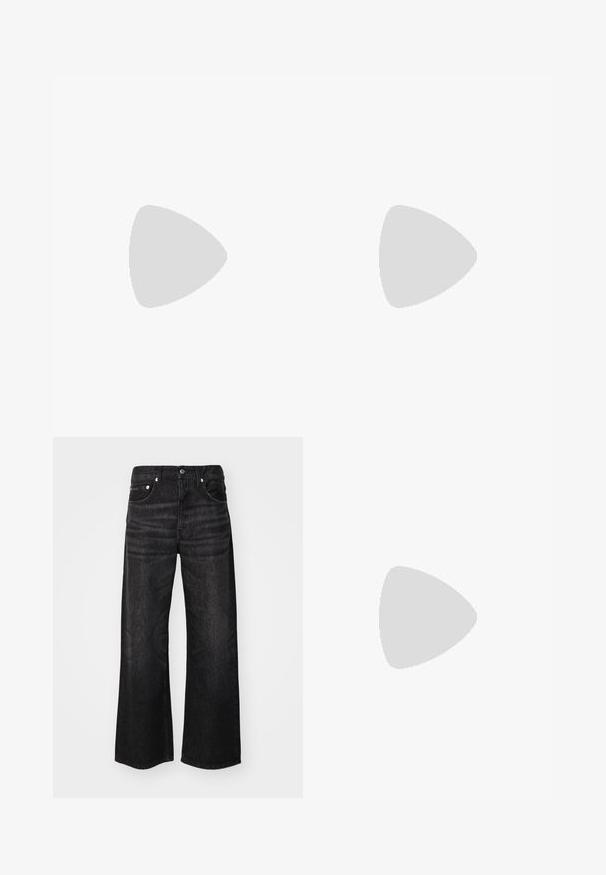 White short-sleeve T-shirt with brown ribbed neckline and sleeve hems, made from soft cotton material. Simple and classic design.; Wide-leg black denim jeans with a smooth texture, classic five-pocket design, and silver hardware. Features subtle fading along the fabric.; Black leather loafers with a rounded toe, raised stitching detail on the vamp, and a flat rubber sole. Smooth texture, classic design.; Dark navy leather briefcase with dual top handles and a detachable strap. Features textured finish, vertical stitching, and logo detail.