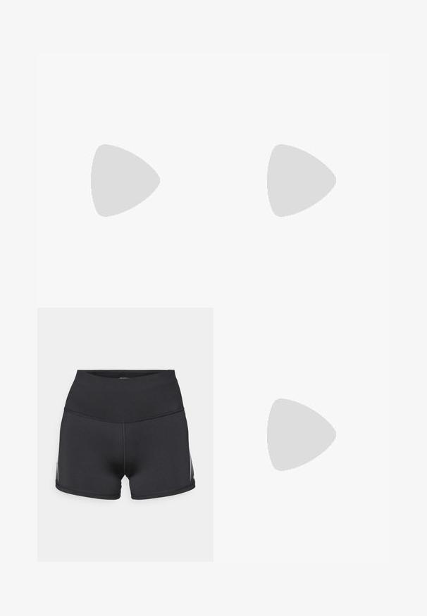 Crni dugi rukav, crop top s visokim izrezom. Napravljen od rebrastog materijala, s prilagođenim rukavima i čistim, bešavnim detaljem na rubu.; Crne sportske hlače kratke s visokim strukom, izrađene od rastezljivog materijala. Imaju bijele bočne pruge i flatlock šavove za udobnost.; Trening tenisice s kombinacijom narančaste, breskvaste i bijele boje. Ima tri bijele pruge i svijetloplave vezice.; Bijele pravokutne Oakley sunčane naočale s tamnim staklima odmaraju se na bijeloj površini, logo vidljiv sa strane.