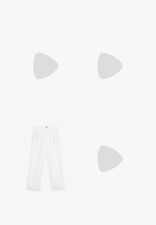 Top bianco senza maniche realizzato in tessuto leggero, con scollo rotondo e chiusura frontale con sei bottoni rotondi marroni.; Pantaloni bianchi a gamba larga con un frontale piatto, dotati di chiusura a un bottone e due tasche laterali. Realizzati in tessuto leggero.; Infradito in gomma nera con cinturino testurizzato e suola piatta semplice, mostrati di lato su uno sfondo chiaro e uniforme.; Occhiali da sole neri a forma ovale con lenti scure, montatura in metallo sottile e tempie dritte. Presentano il logo del marchio sulla parte interna della stanghetta e i cuscinetti per il naso.