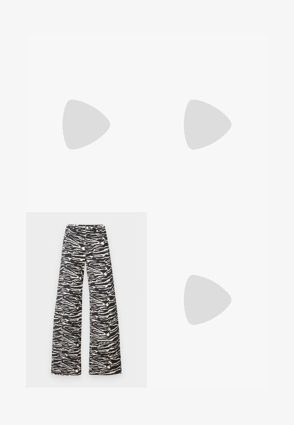 Sleeveless knit top in light cream, featuring a mesh pattern and ribbed neckline and hem. Soft texture enhances breathability and comfort.; Wide-leg pants in a black and cream zebra stripe pattern. Made from textured fabric with a classic waistband and front pockets.; Black pointed-toe mule with a sleek design, made of smooth fabric, featuring a slender heel and open back for easy wear.; Pleated beige leather clutch with a silver metal frame, featuring two round decorative clasps and a silver chain strap.