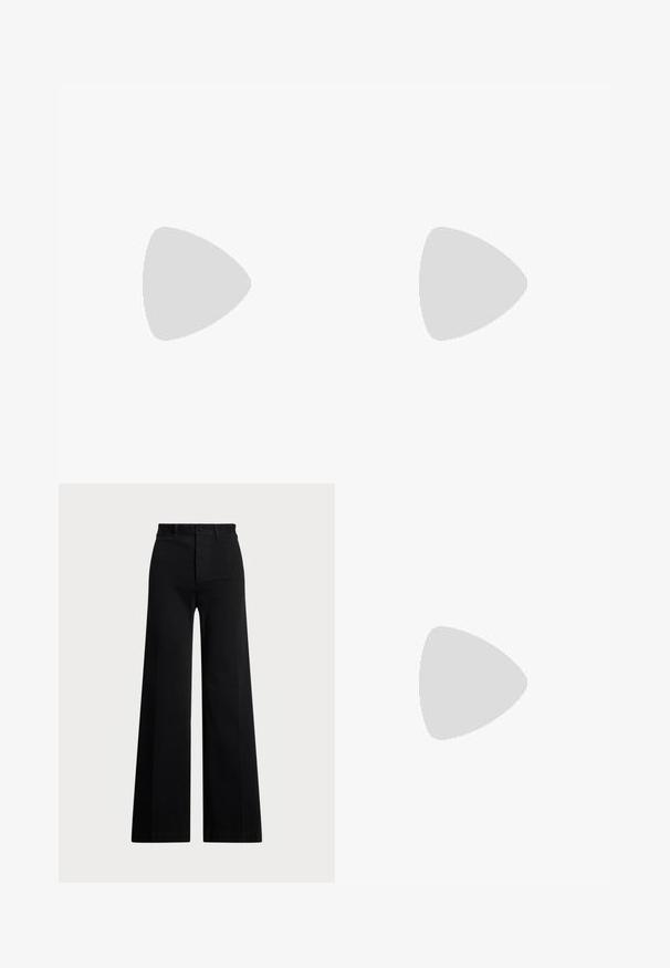 Ljusblå, kortärmad stickad topp med krage och femknappsupply. Mjuk textur med en något boxig passform och ribbad fåll.; Svarta breda byxor i vävt tyg, med hög midja, knappstängning fram och sidfickor. Slät textur med rena linjer.; Svart lackskin slingback-häl med spetsig tå, med texturerad ormskinnsprint, justerbar rem och en kort, texturerad blockklack.; Svart läderaxelväska med två framfickor, guldspännen, dragkedjestängning och en smal rem. Texturerad yta och kompakt rektangulär form.