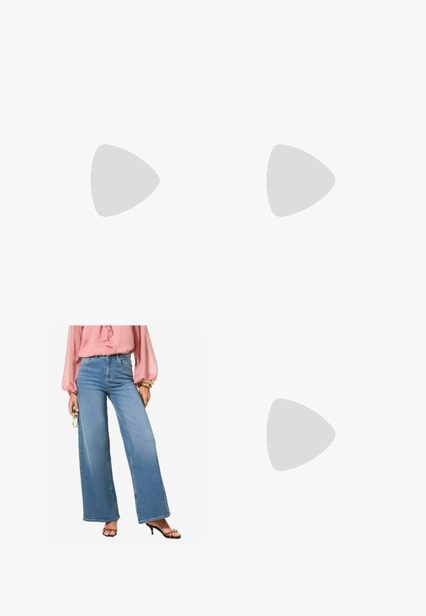 Maglietta nera a maniche lunghe con una grafica di pesce in colori tenui. Tessuto morbido, scollatura rotonda e design dal taglio rilassato.; Jeans a vita alta azzurri, larghi, con una finitura in denim classica. Abbinati a una blusa rosa con volant e sandali neri con tacco.; Ballerina in pelle marrone con punta arrotondata e tacco a blocco piccolo. Presenta un sottile fiocco sul davanti e dettagli di cucitura discreti.; Borsa in pelle bordeaux con cordino, manico a catena, cima arricciata, accenti metallici e dettaglio del logo alla base. Texture liscia e lucida.