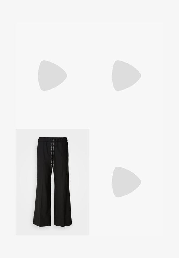 Sleeveless striped top featuring horizontal stripes in navy, white, and tan. Mock neck design with printed logo on the front.; Black, wide-leg trousers with an elastic waistband and black drawstring. Made of smooth fabric with no visible patterns or hardware.; Pointed-toe slingback shoe in off-white leather, featuring a low heel and cut-out design with a smooth texture and minimal accents.; Cream-colored handbag with a textured finish, curved shape, short handle, and gold-tone logo detail. Zipper closure at the top.