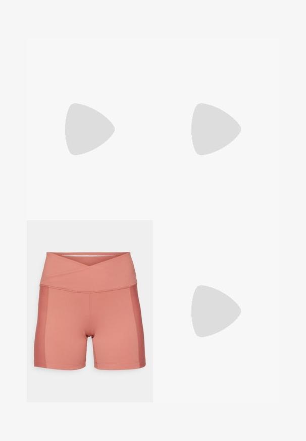 Short-sleeve, fitted t-shirt in light lavender fabric. Smooth texture with a crew neckline and subtle branding at the hem.; Rose-colored athletic shorts with a crossover waistband, smooth texture, and flatlock seams. Features a fitted cut for comfort and mobility.; White athletic shoes with a textured mesh upper, cushioned sole, and subtle grey accents. Includes branding and looped heel tab for easy wear.; Cat-eye sunglasses with black plastic frame, gradient gray lenses, and textured black side arms. Features 'vogue' branding on the temples.; Brown, padded shoulder bag with a curved shape, featuring a zipper closure and adjustable strap for versatile carrying options.