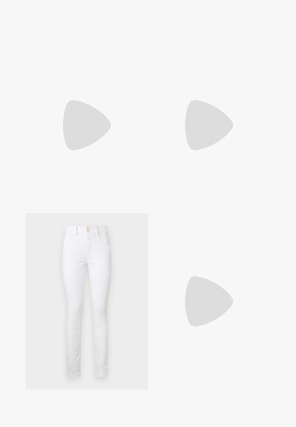 Blue and white striped long-sleeve top with a boat neckline. Made of lightweight fabric with a relaxed fit and straight hem.; White denim skinny jeans with a high waist, two front pockets, and gold-tone button closure. Smooth texture, fitted silhouette, and no visible patterns.; Black leather loafers with a smooth finish, stitched detailing around the toe, and a low rubber sole. Paired with wide black trousers.; Brown faux leather shoulder bag with curved shape, minimal stitching, and a gold-tone hardware accent. Features a top zipper closure and adjustable strap.